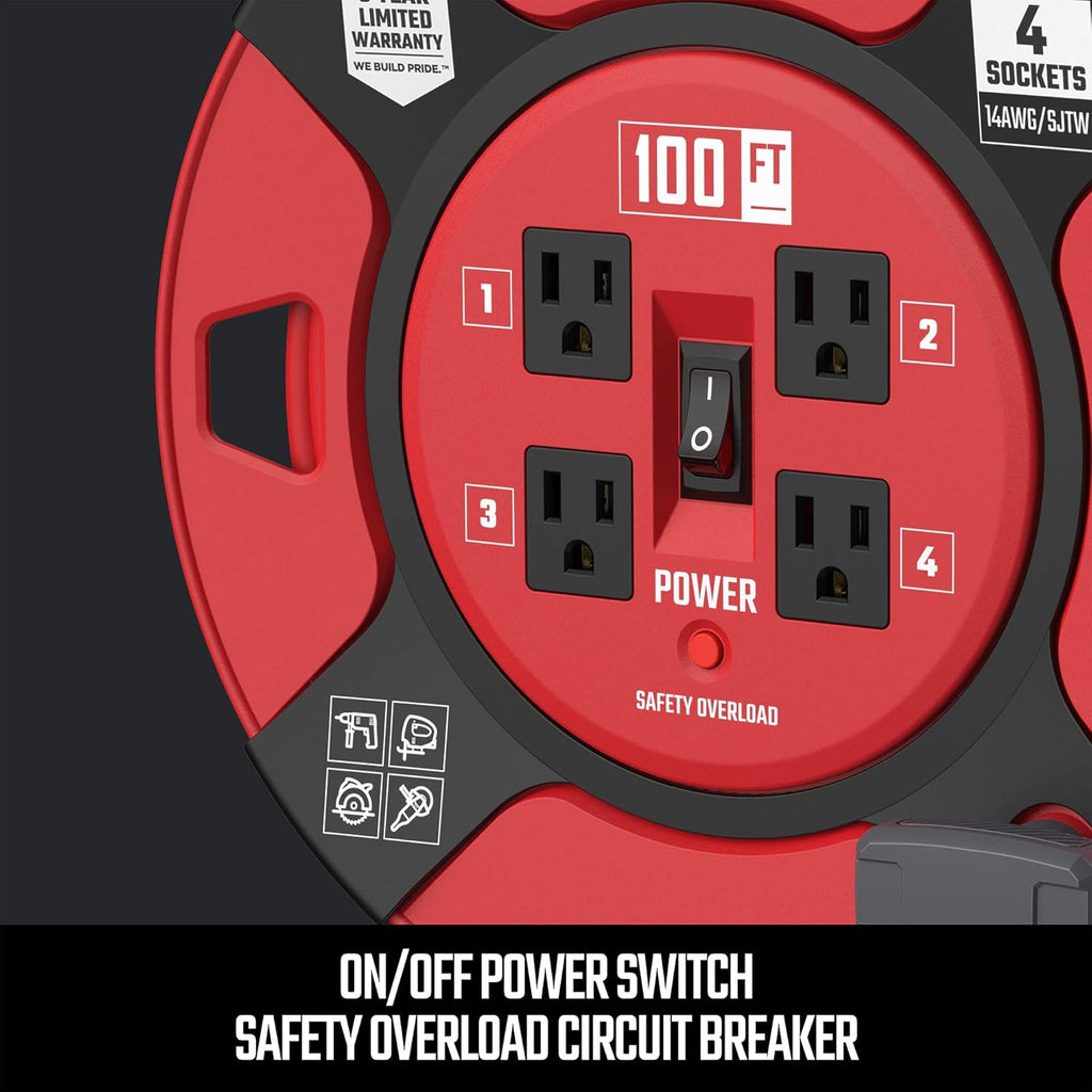 Heavy Duty Retractable Extension Cord, 100 feet with 4 Outlets P166092