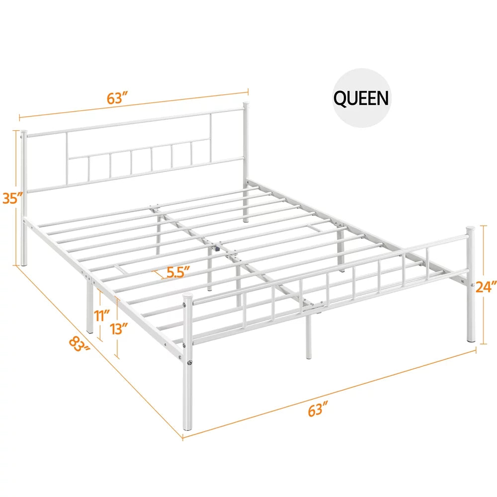 Queen Metal Platform Bed with Spindle Headboard and Footboard, White I1925