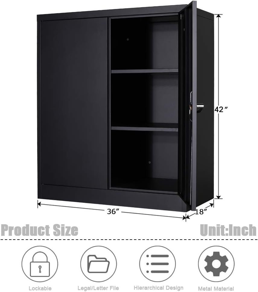 Black 70.8 H Metal Storage Cabinet with 4 Adjustable Shelf and 2 Locking Doors W764092