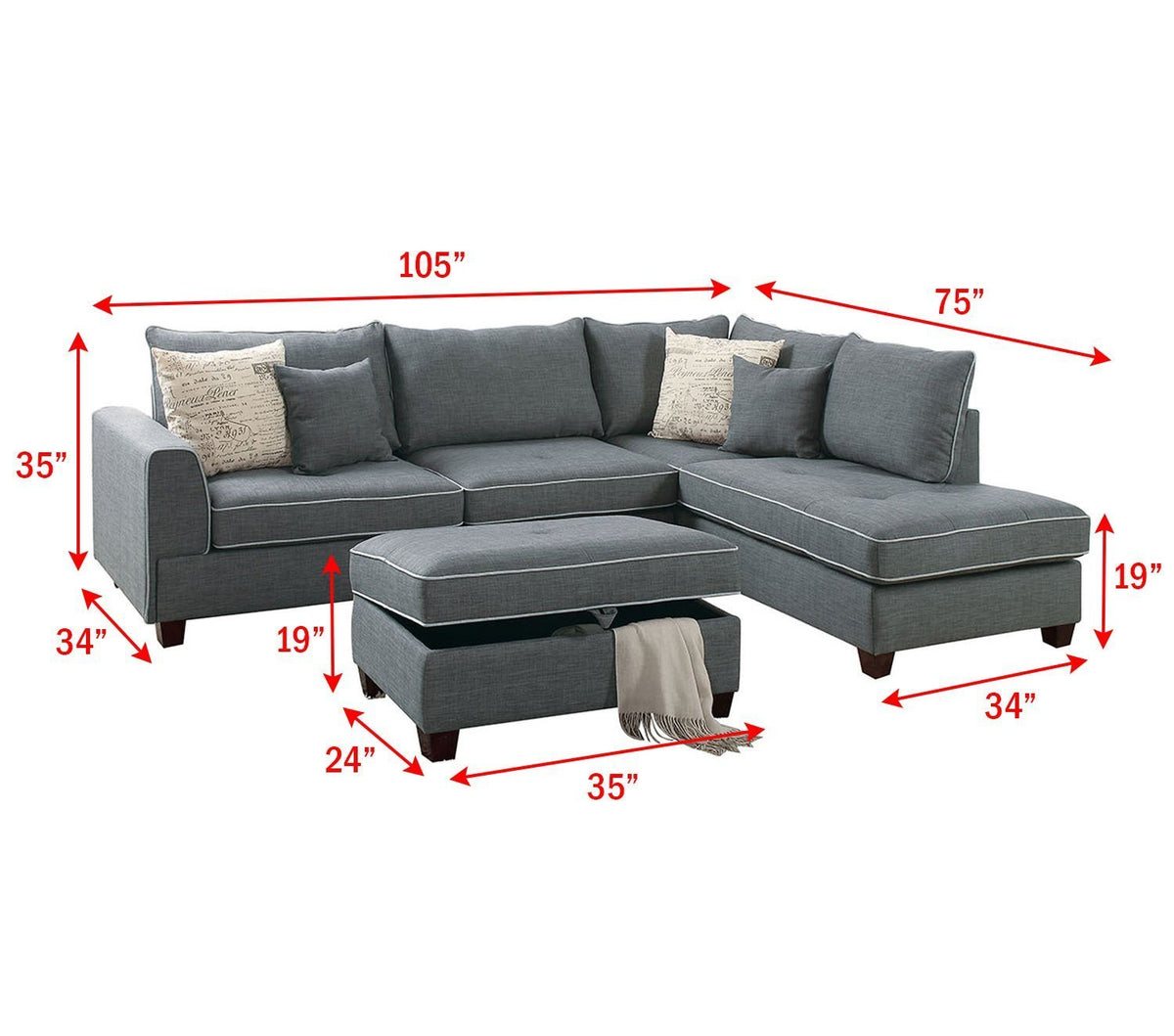 Modern Steel Fabric Reversible Sectional Sofa with 4 Accent Pillows O89375