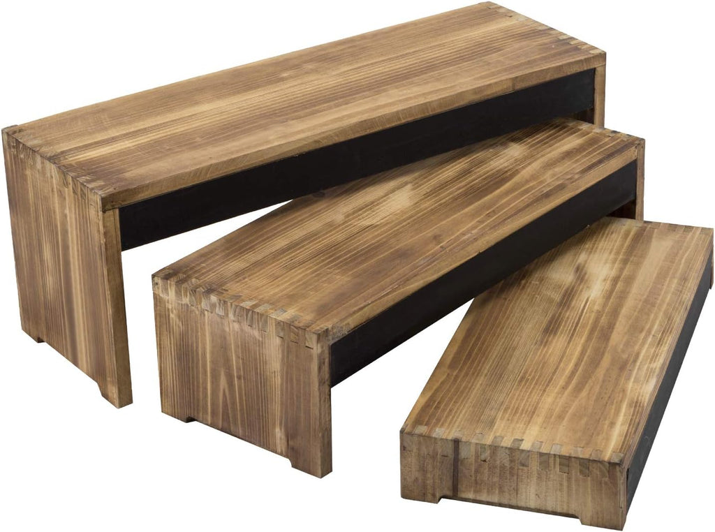 3-Tier Burnt Dark Brown Wood Cake Stand with Chalkboard Panels T6427